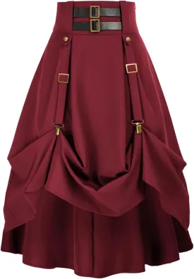 Women Goth Steampunk Skirt High Waist Pirate Midi A-Line Skirt with Pockets S-2XL