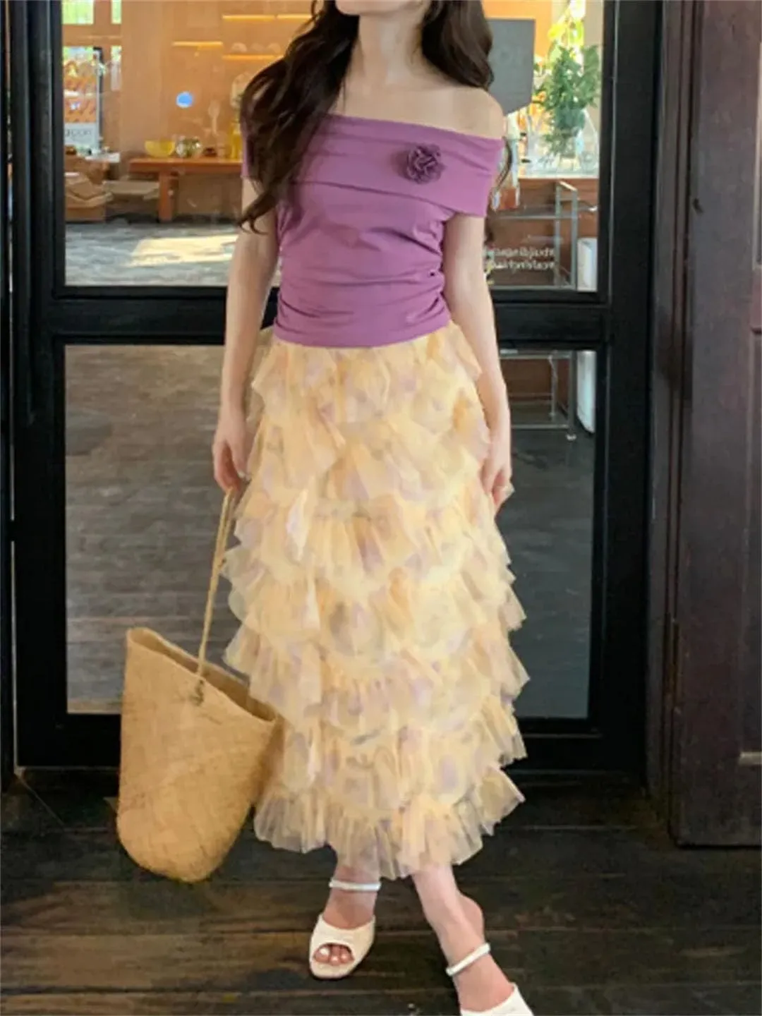 Women Gradient French Midi Skirt Patchwork Mesh A-Line Slim Casual Long Skirts Summer