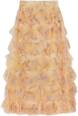 Women Gradient French Midi Skirt Patchwork Mesh A-Line Slim Casual Long Skirts Summer