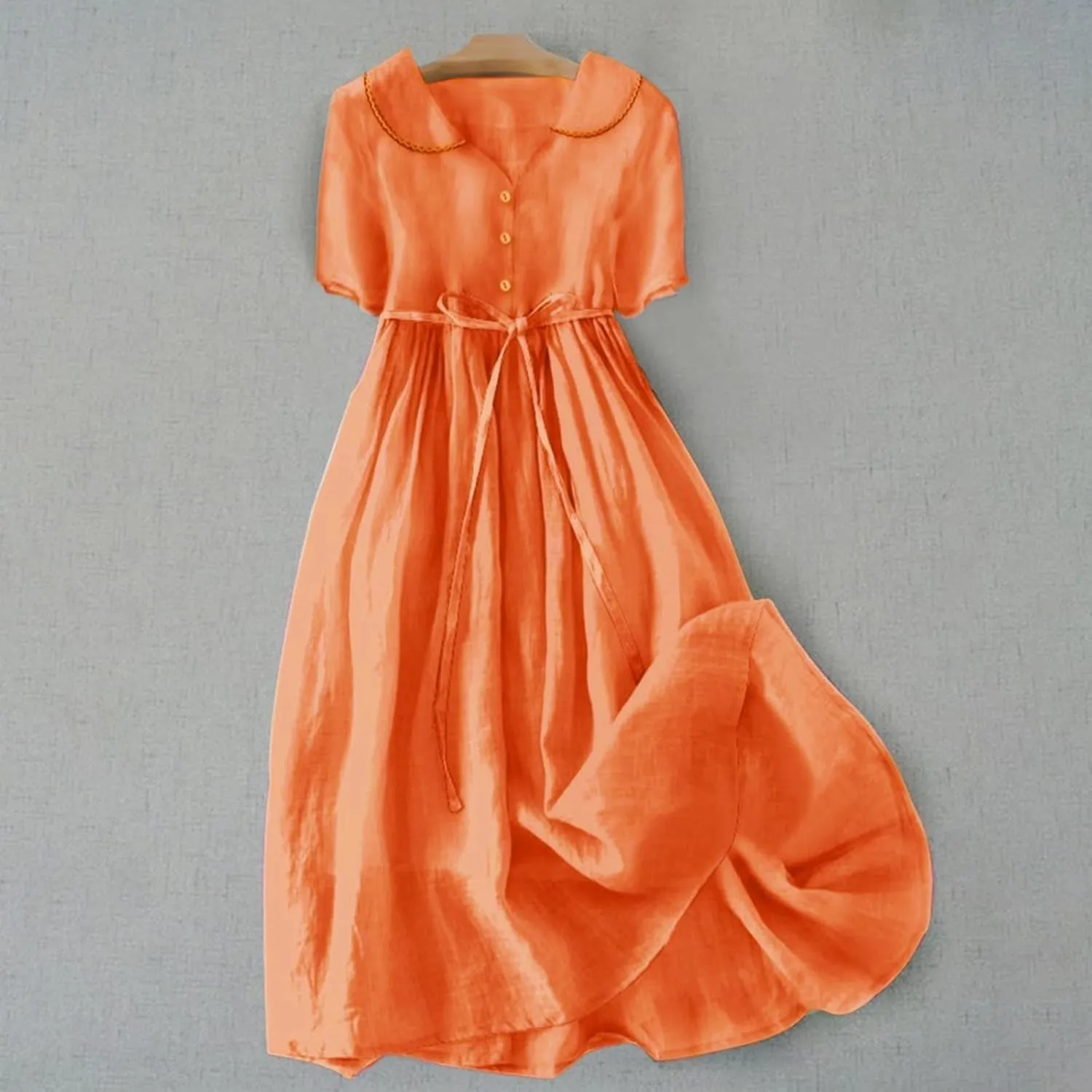 Women Korean Style Dresses Lace-Up Waist-Defined Henley Shirt Midi Dress Summer Half Sleeve Trendy A-Line Dress