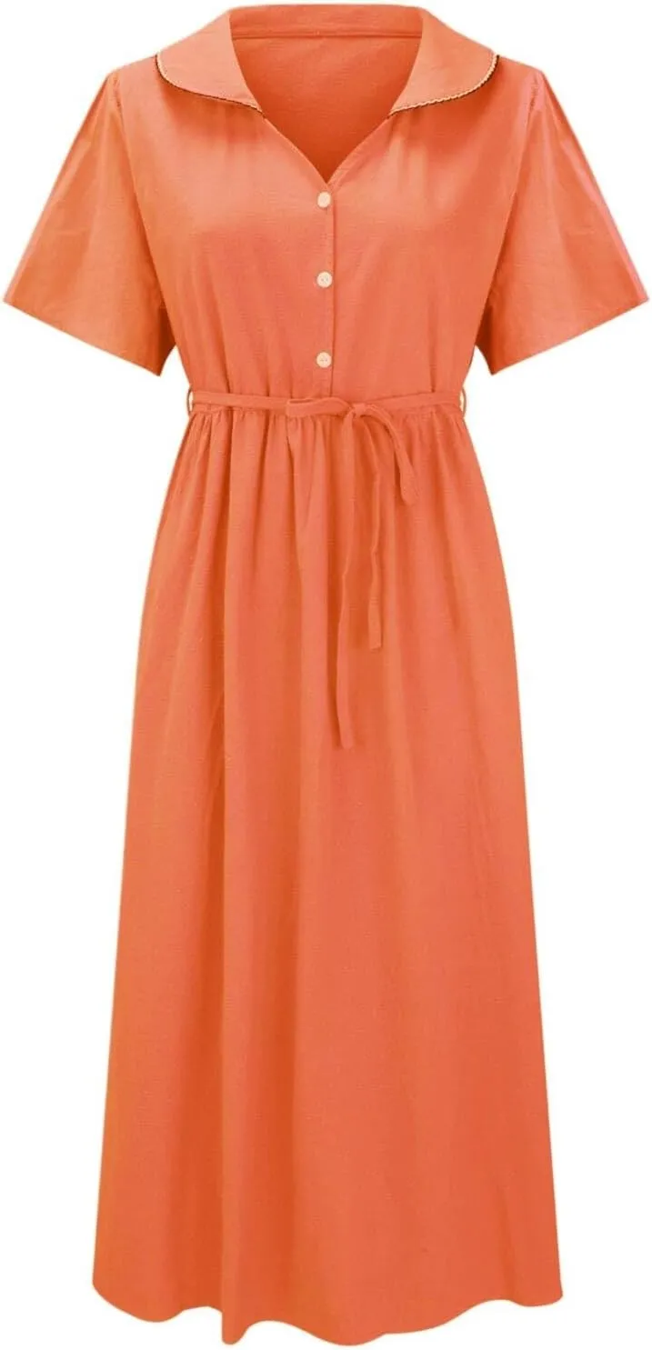 Women Korean Style Dresses Lace-Up Waist-Defined Henley Shirt Midi Dress Summer Half Sleeve Trendy A-Line Dress