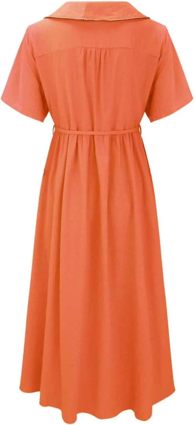 Women Korean Style Dresses Lace-Up Waist-Defined Henley Shirt Midi Dress Summer Half Sleeve Trendy A-Line Dress