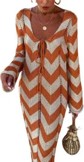 Women Long Sleeve Maxi Sweater Dress Striped Bow Tie Bodycon Knit Long Dress Hollow Out Color Block Maxi Sundress