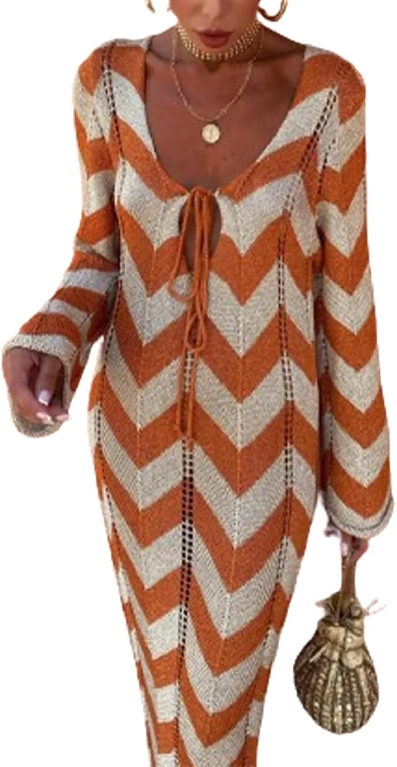 Women Long Sleeve Maxi Sweater Dress Striped Bow Tie Bodycon Knit Long Dress Hollow Out Color Block Maxi Sundress