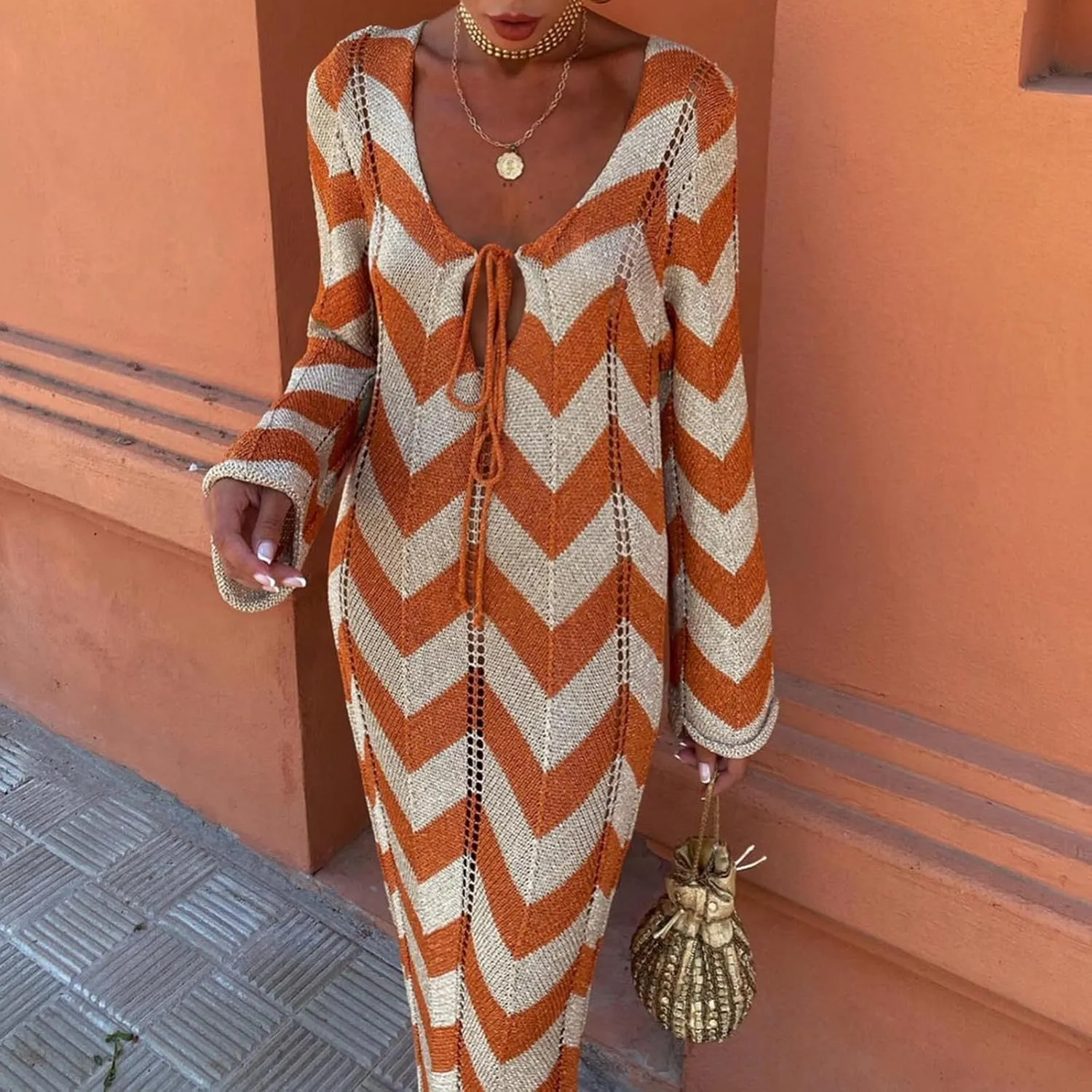 Women Long Sleeve Maxi Sweater Dress Striped Bow Tie Bodycon Knit Long Dress Hollow Out Color Block Maxi Sundress