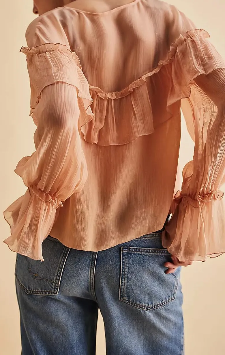 Women Low Cut Sweetheart-Neck Tie Front Top Balloon Long Sleeve Sheer Chiffon Blouse Flowy Boho Ruffle Babydoll Top