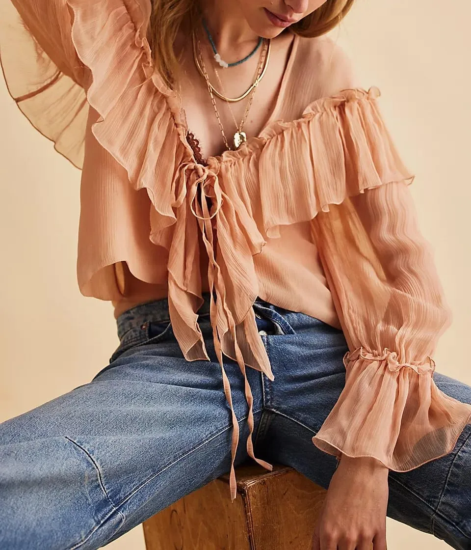 Women Low Cut Sweetheart-Neck Tie Front Top Balloon Long Sleeve Sheer Chiffon Blouse Flowy Boho Ruffle Babydoll Top