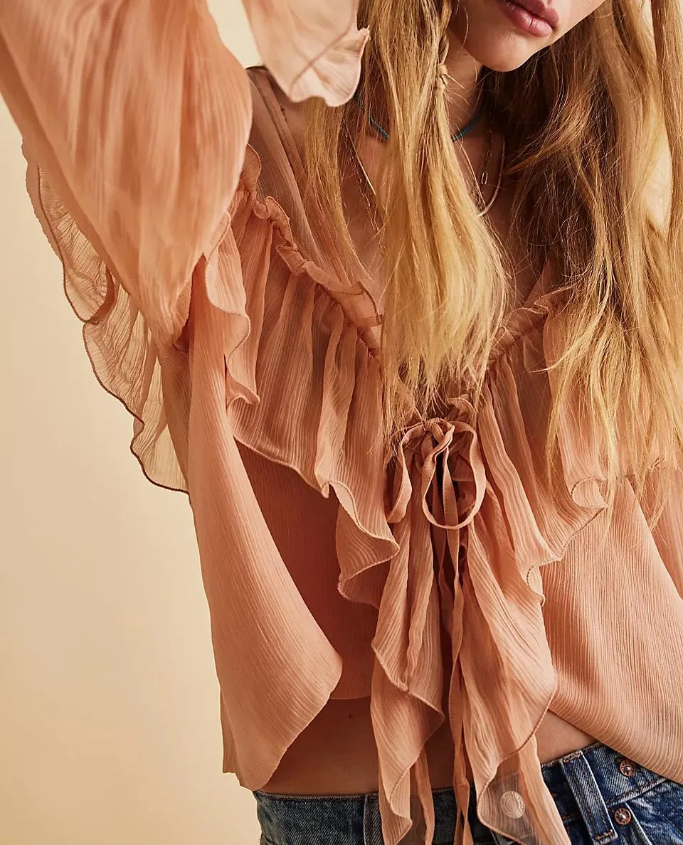 Women Low Cut Sweetheart-Neck Tie Front Top Balloon Long Sleeve Sheer Chiffon Blouse Flowy Boho Ruffle Babydoll Top