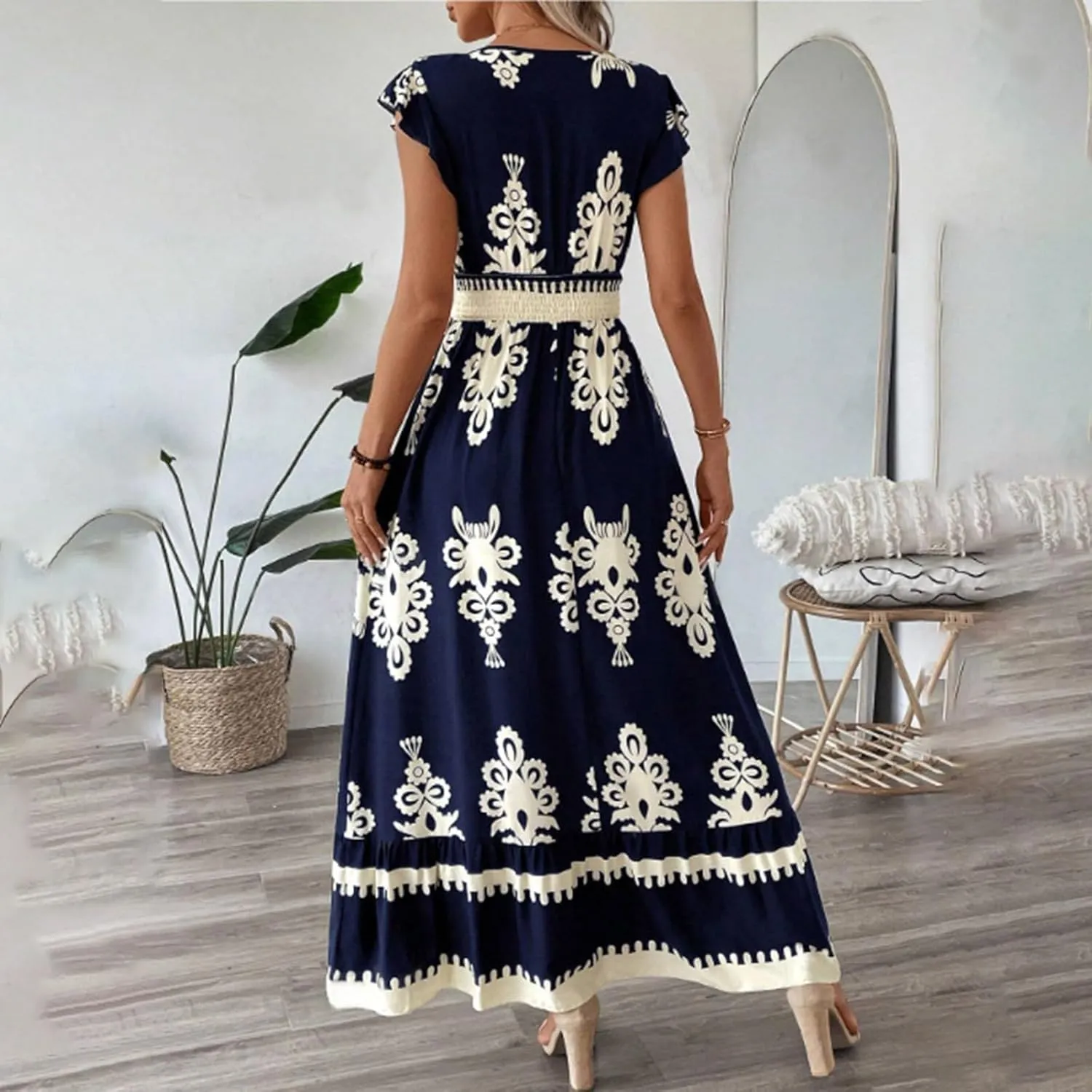 Women Summer Casual V Neck Boho Maxi Dress Flowy Aline Cap Sleeve Floral Print Dresses Beach Vacation Swing Dress