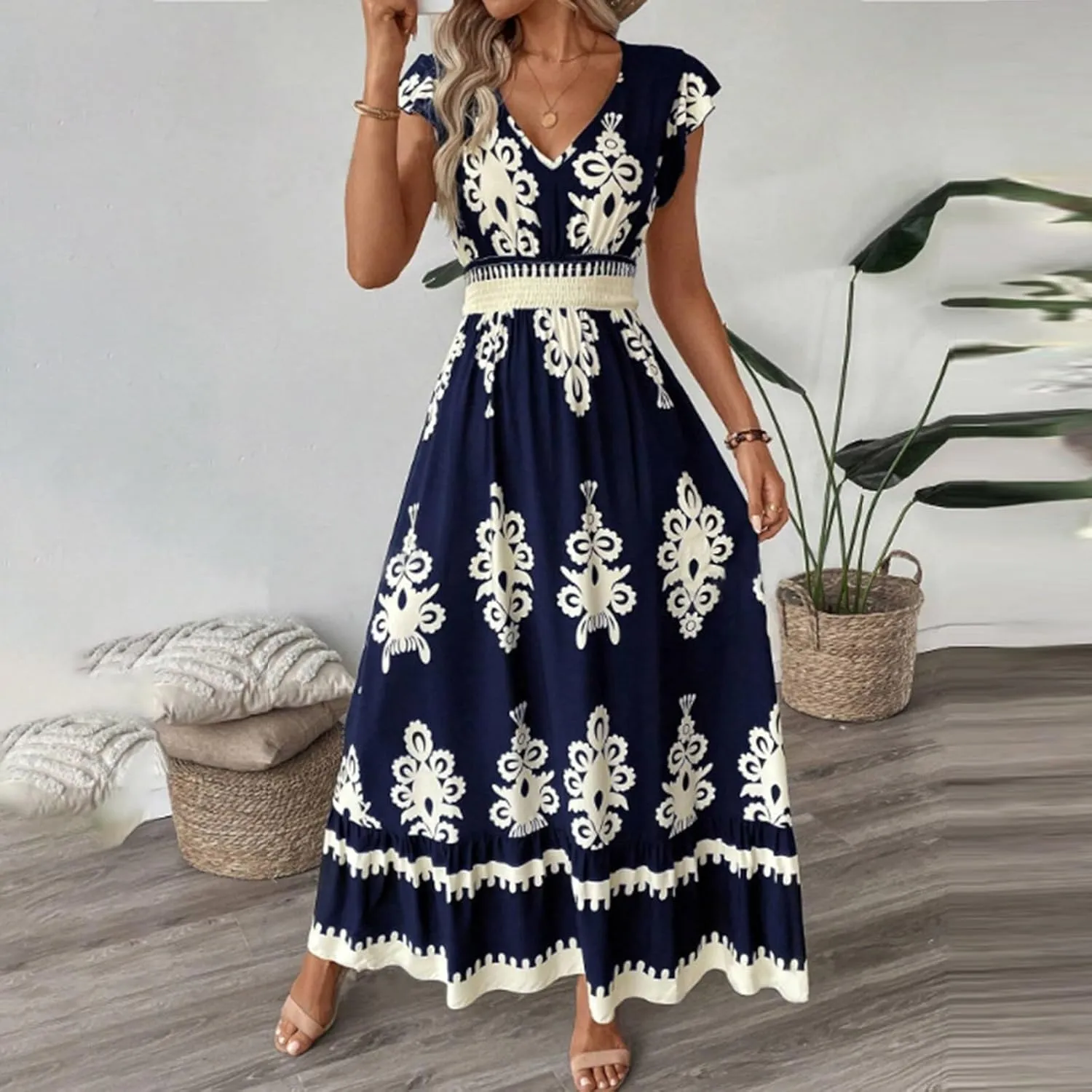 Women Summer Casual V Neck Boho Maxi Dress Flowy Aline Cap Sleeve Floral Print Dresses Beach Vacation Swing Dress