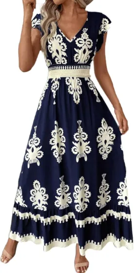 Women Summer Casual V Neck Boho Maxi Dress Flowy Aline Cap Sleeve Floral Print Dresses Beach Vacation Swing Dress