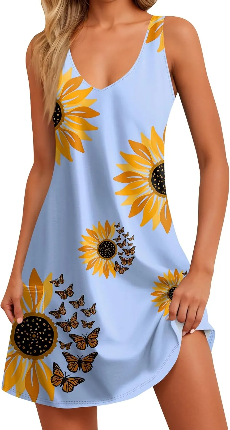 Women Summer Dresses Printed Beach Swimsuit Coverup Casual Sleeveless Dress with Pocket Vacation V Neck Sundress