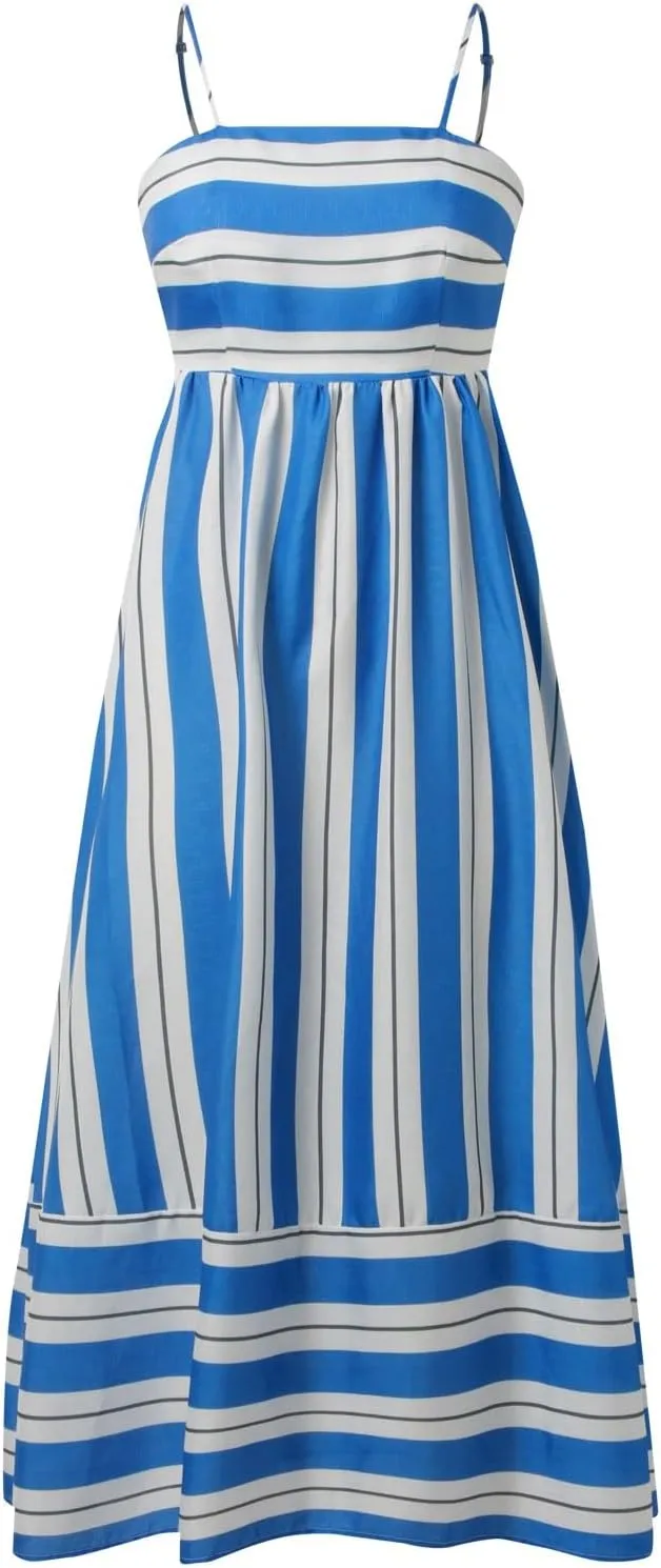 Women Summer Striped Maxi Dresses Spaghetti Strap Cutout Ruffle Long Dress Flowy Swing Beach Vocation Sundress