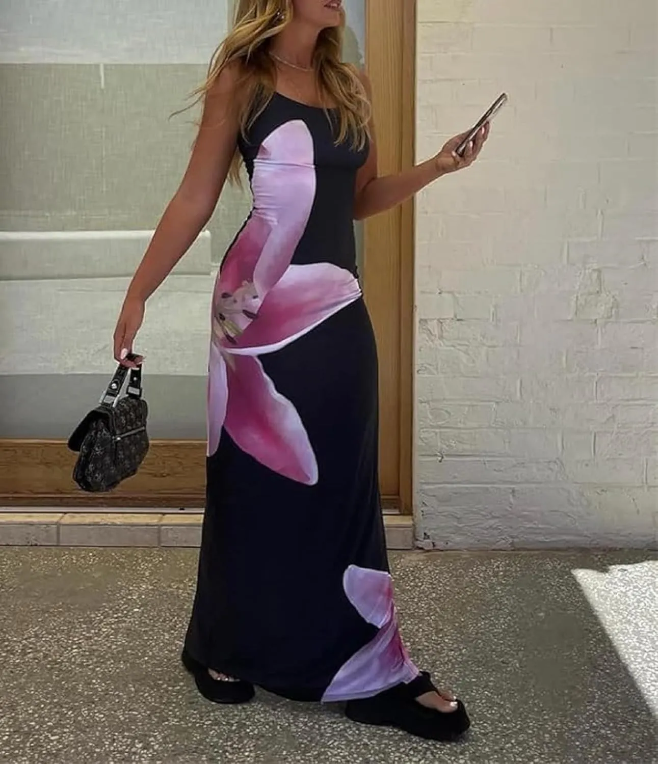 Women Y2k Floral Slip Dress Backless Spaghetti Strap Flower Slip Long Dress Lily Patchwork Bodycon Boho Maxi Sundress