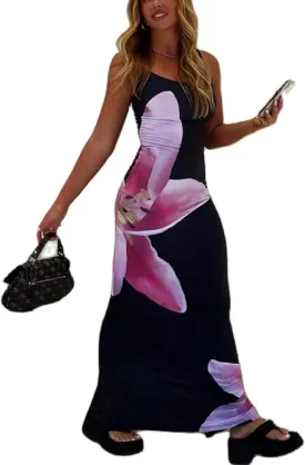 Women Y2k Floral Slip Dress Backless Spaghetti Strap Flower Slip Long Dress Lily Patchwork Bodycon Boho Maxi Sundress