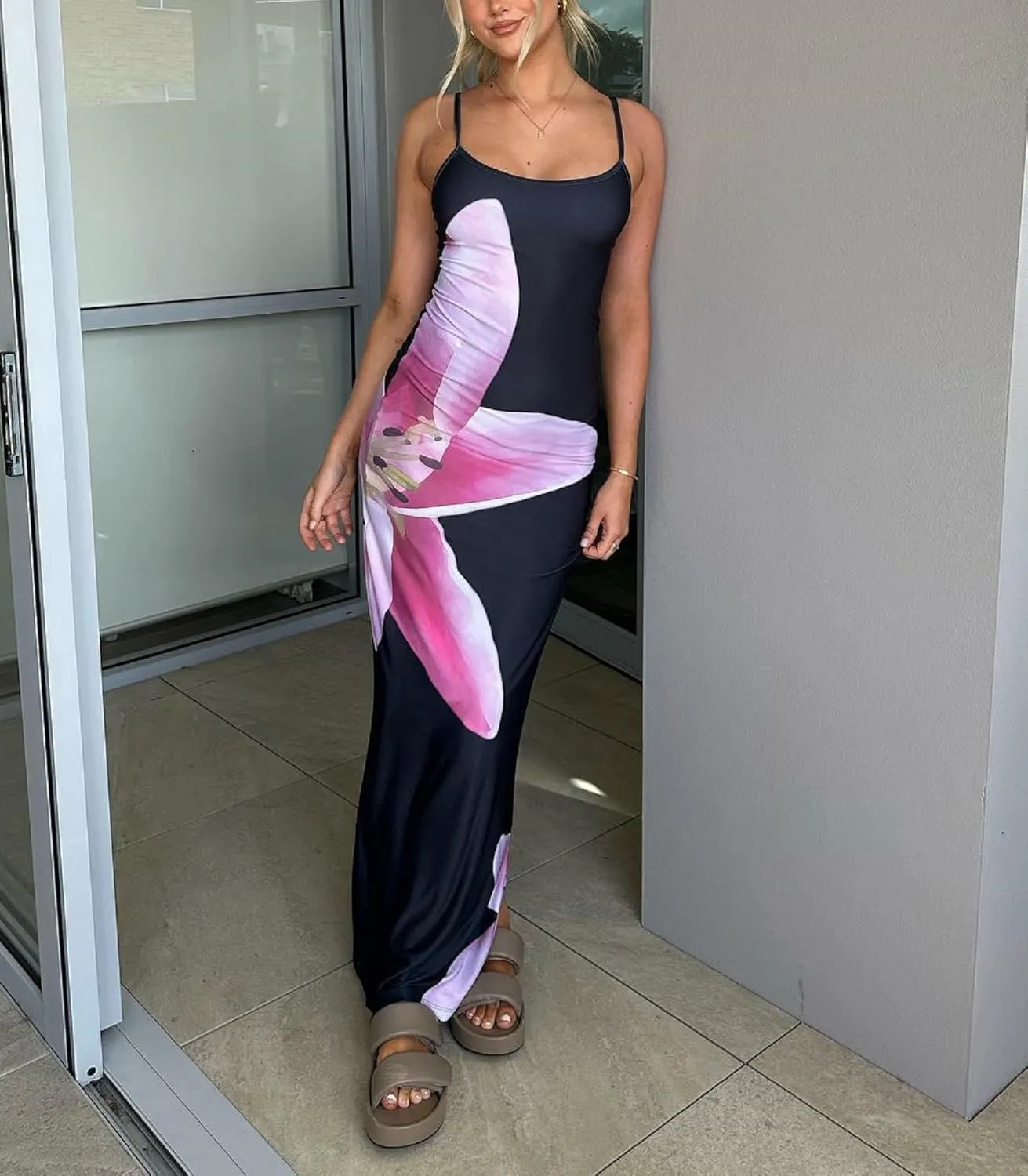 Women Y2k Floral Slip Dress Backless Spaghetti Strap Flower Slip Long Dress Lily Patchwork Bodycon Boho Maxi Sundress