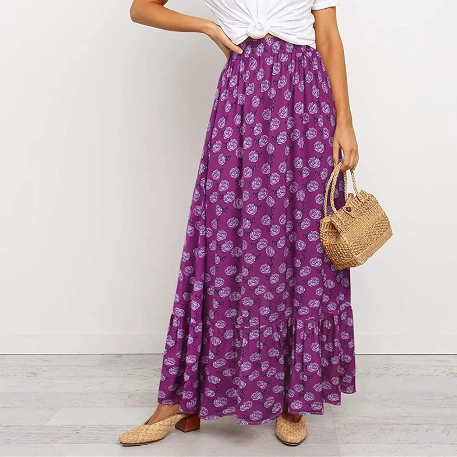 Womens Boho Maxi Skirts Summer Trendy Elastic High Waisted A Line Skort Casual Flowy Floral Ruffle Hem Beach Skirts
