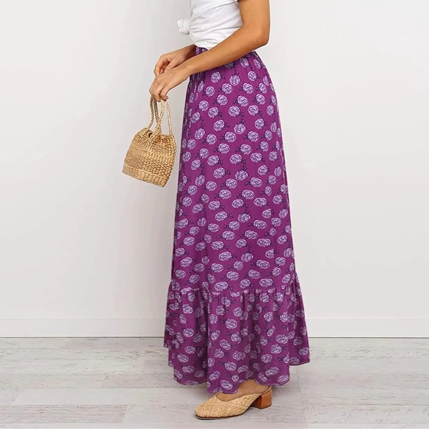 Womens Boho Maxi Skirts Summer Trendy Elastic High Waisted A Line Skort Casual Flowy Floral Ruffle Hem Beach Skirts