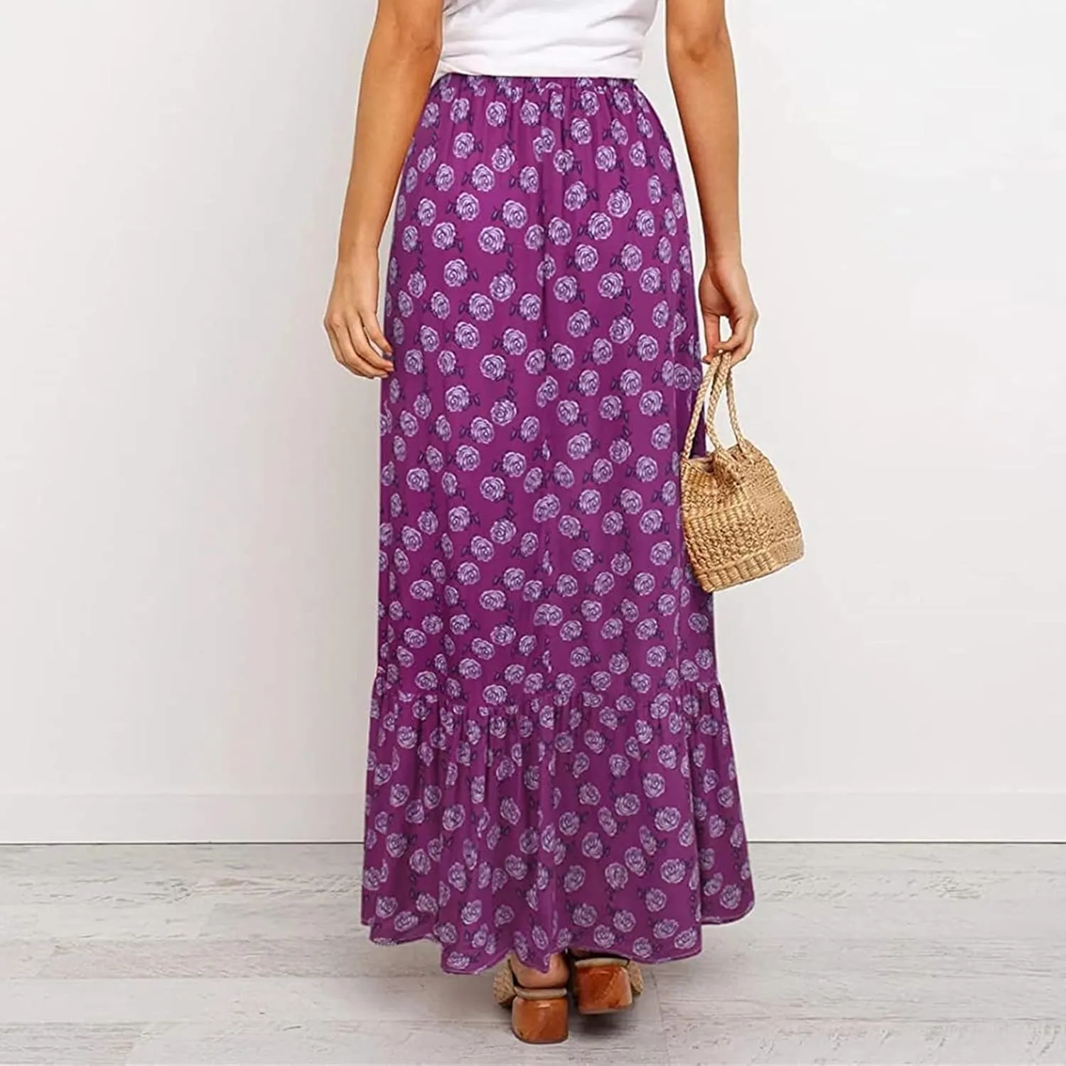 Womens Boho Maxi Skirts Summer Trendy Elastic High Waisted A Line Skort Casual Flowy Floral Ruffle Hem Beach Skirts