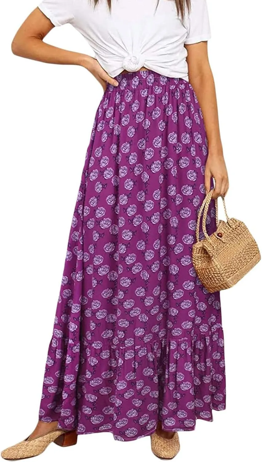 Womens Boho Maxi Skirts Summer Trendy Elastic High Waisted A Line Skort Casual Flowy Floral Ruffle Hem Beach Skirts