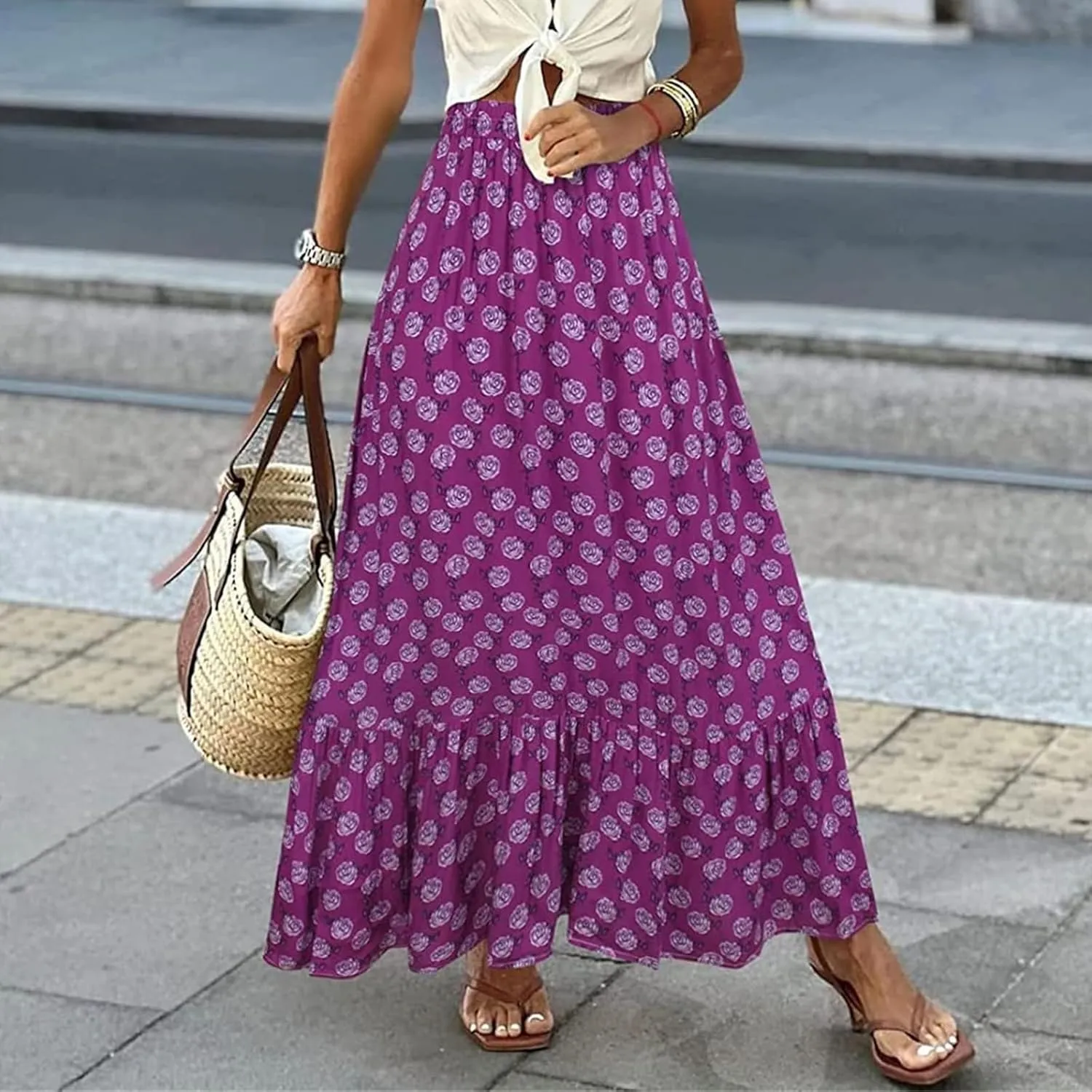 Womens Boho Maxi Skirts Summer Trendy Elastic High Waisted A Line Skort Casual Flowy Floral Ruffle Hem Beach Skirts