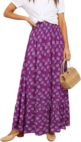 Womens Boho Maxi Skirts Summer Trendy Elastic High Waisted A Line Skort Casual Flowy Floral Ruffle Hem Beach Skirts