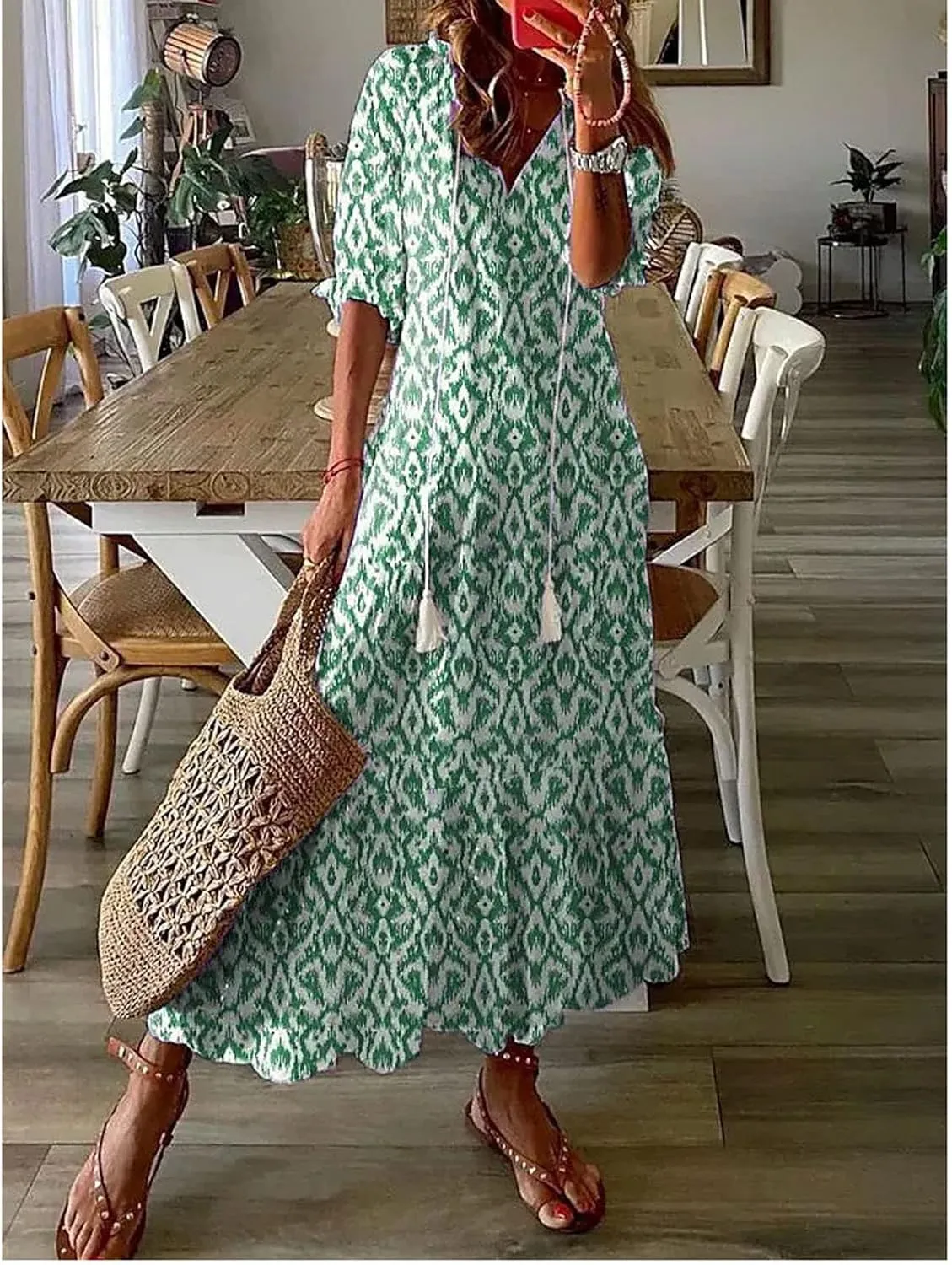 Womens Casual Spring Summer Shirt Dress V-Neck Short Sleeve Boho Printed Dress Flowy Cinched Waist Elegant Long Dress