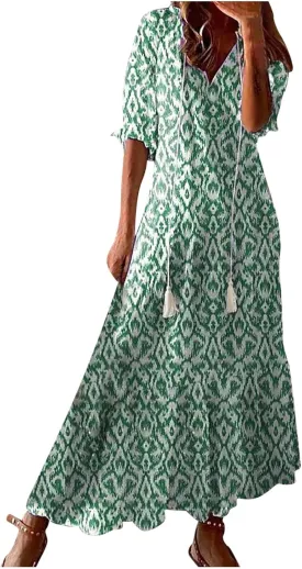 Womens Casual Spring Summer Shirt Dress V-Neck Short Sleeve Boho Printed Dress Flowy Cinched Waist Elegant Long Dress