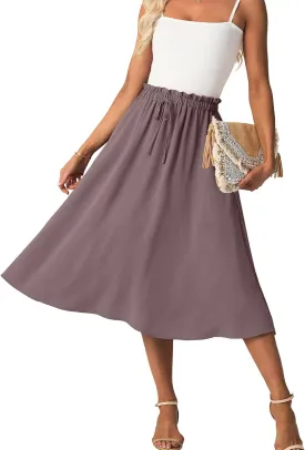 Womens Causal High Waisted Summer Midi Skirts Flowy Palazzo A-Line Long Skirt with Pockets