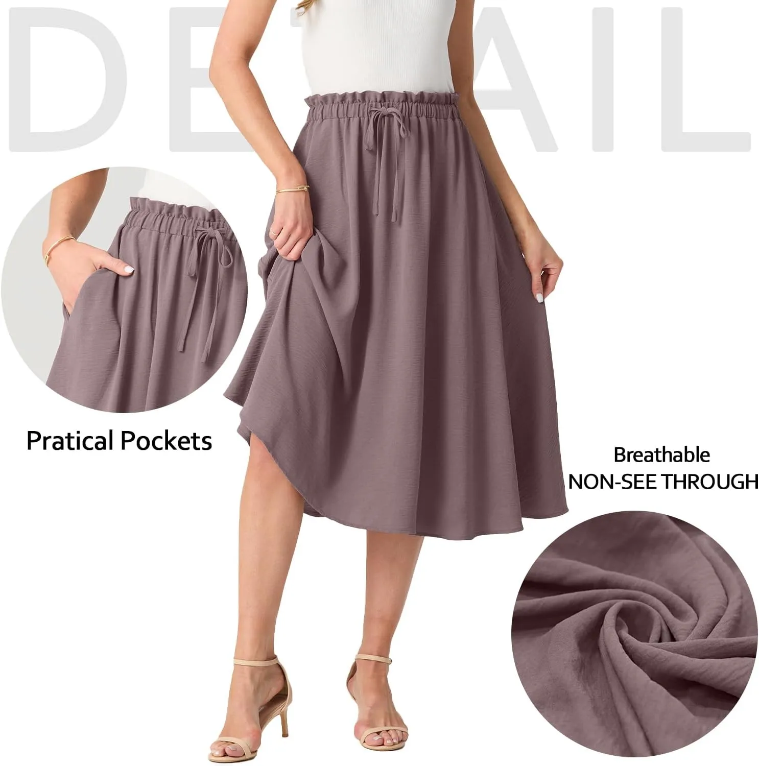 Womens Causal High Waisted Summer Midi Skirts Flowy Palazzo A-Line Long Skirt with Pockets