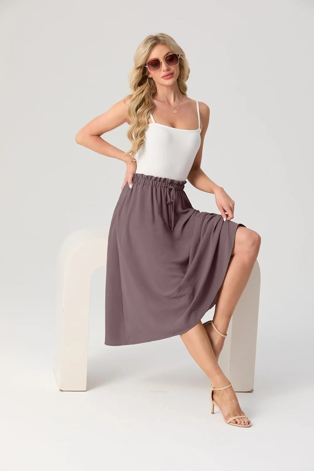 Womens Causal High Waisted Summer Midi Skirts Flowy Palazzo A-Line Long Skirt with Pockets