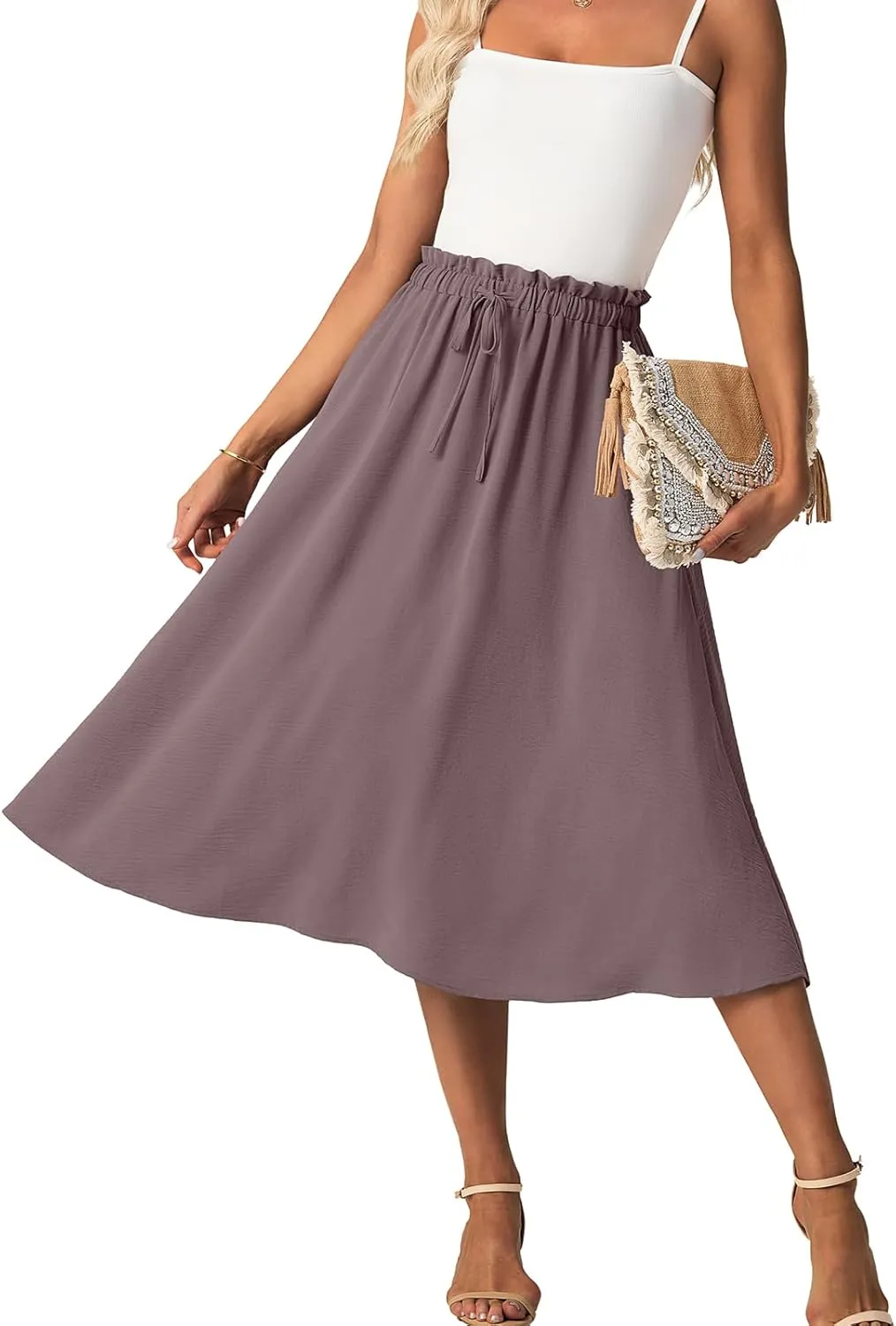 Womens Causal High Waisted Summer Midi Skirts Flowy Palazzo A-Line Long Skirt with Pockets