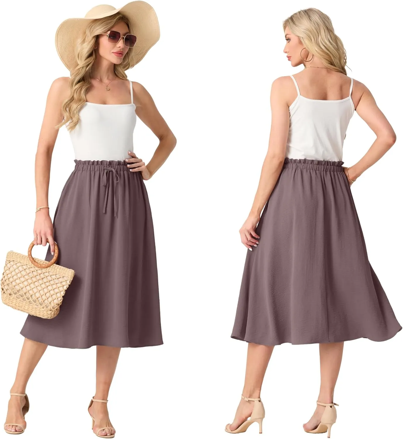 Womens Causal High Waisted Summer Midi Skirts Flowy Palazzo A-Line Long Skirt with Pockets