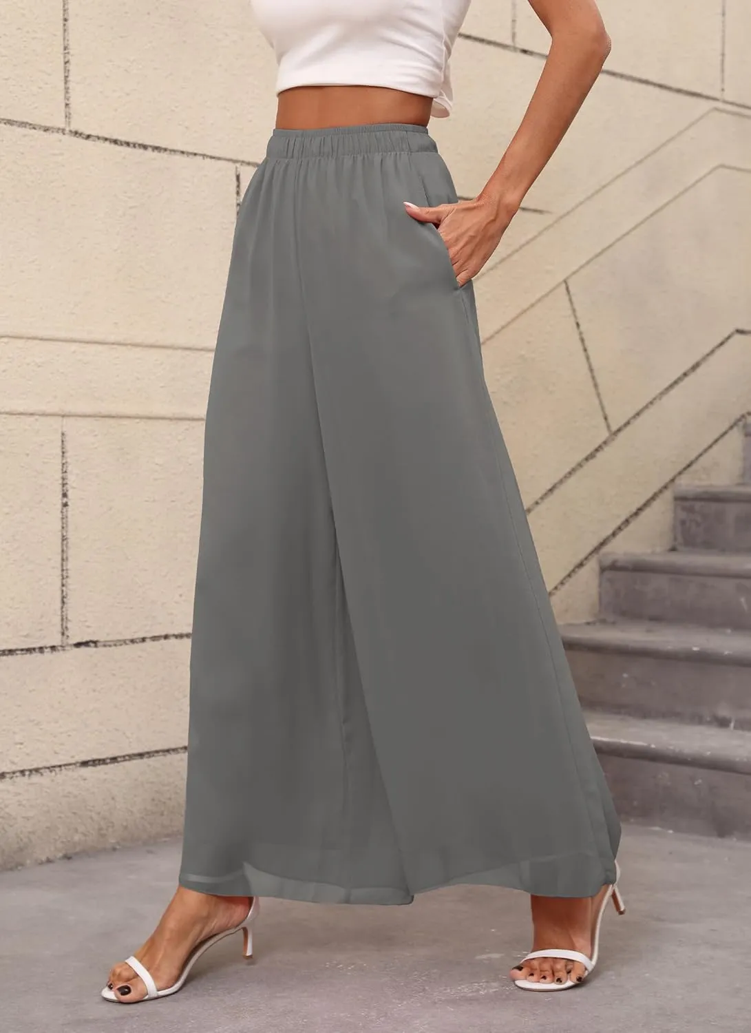 Women's Chiffon Dress Palazzo Pants Beach Wide Leg Elastic Waist Trouser Elegant Flowy High Waisted Ladies Lounge