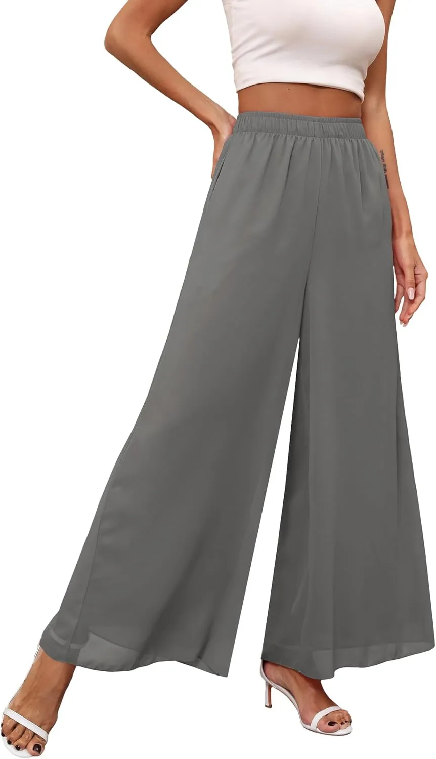 Women's Chiffon Dress Palazzo Pants Beach Wide Leg Elastic Waist Trouser Elegant Flowy High Waisted Ladies Lounge
