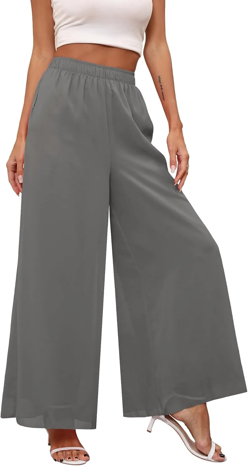 Women's Chiffon Dress Palazzo Pants Beach Wide Leg Elastic Waist Trouser Elegant Flowy High Waisted Ladies Lounge