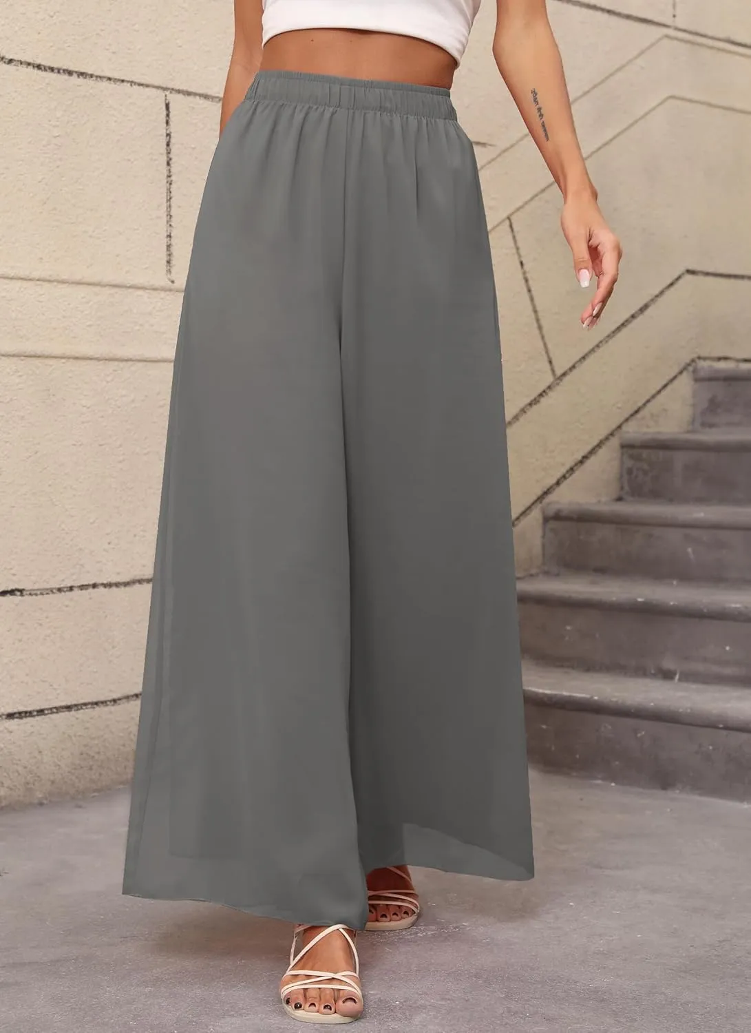 Women's Chiffon Dress Palazzo Pants Beach Wide Leg Elastic Waist Trouser Elegant Flowy High Waisted Ladies Lounge