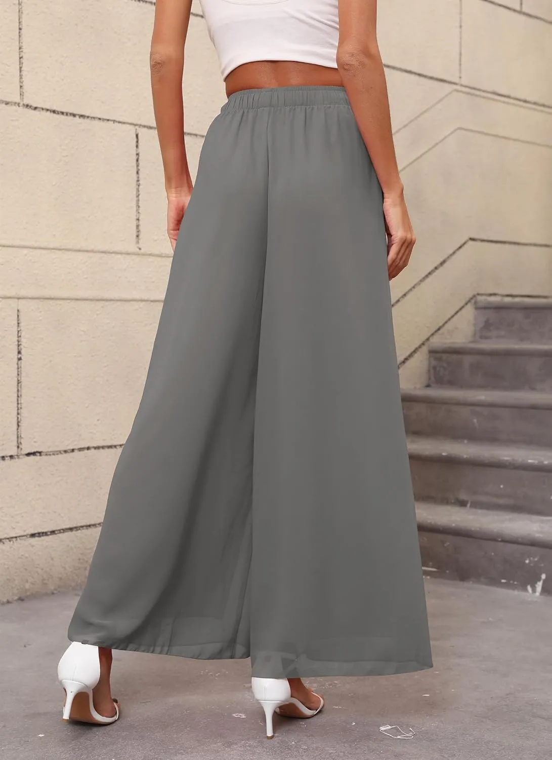 Women's Chiffon Dress Palazzo Pants Beach Wide Leg Elastic Waist Trouser Elegant Flowy High Waisted Ladies Lounge