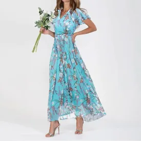 Womens Chiffon Floral Maxi Dress Summer V Neck Short Sleeve Boho Wedding Guest Dress Empire Waist Modest Midi Dresses