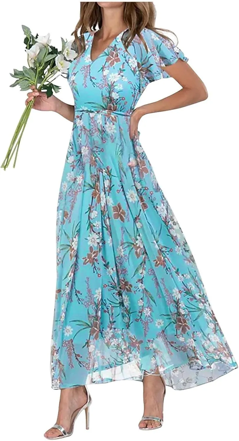 Womens Chiffon Floral Maxi Dress Summer V Neck Short Sleeve Boho Wedding Guest Dress Empire Waist Modest Midi Dresses
