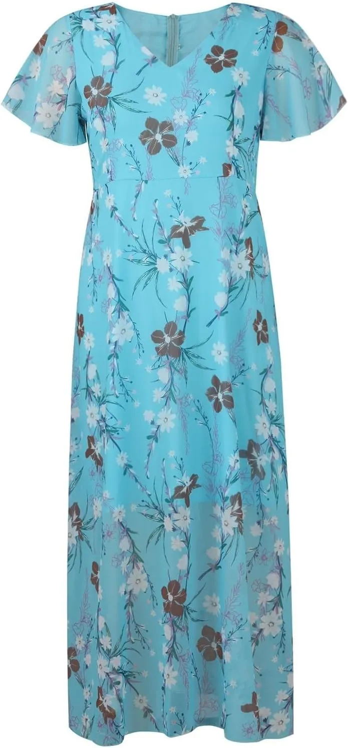Womens Chiffon Floral Maxi Dress Summer V Neck Short Sleeve Boho Wedding Guest Dress Empire Waist Modest Midi Dresses