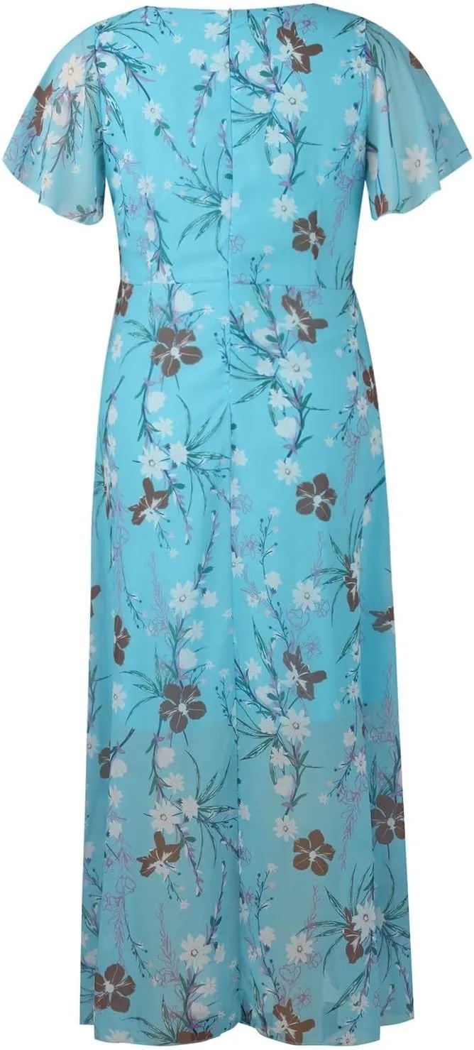 Womens Chiffon Floral Maxi Dress Summer V Neck Short Sleeve Boho Wedding Guest Dress Empire Waist Modest Midi Dresses