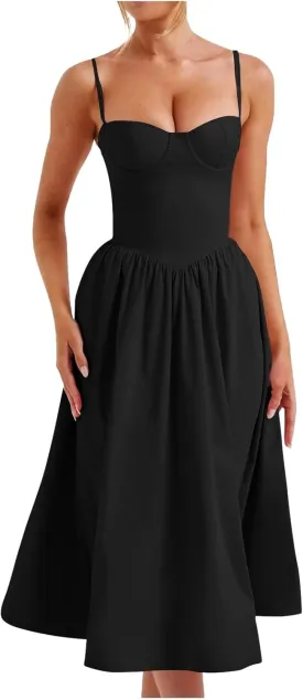 Womens Corset Dress Spaghetti Strap Bustier Midi Dress Sexy Party Dress Flowy Pleated Hem Low Cut Prom Dresses