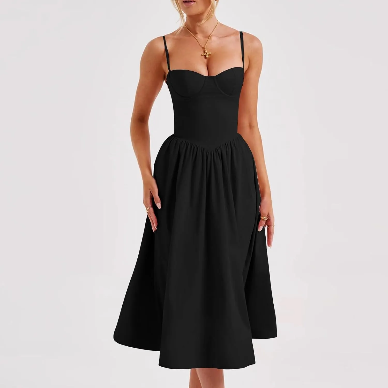Womens Corset Dress Spaghetti Strap Bustier Midi Dress Sexy Party Dress Flowy Pleated Hem Low Cut Prom Dresses
