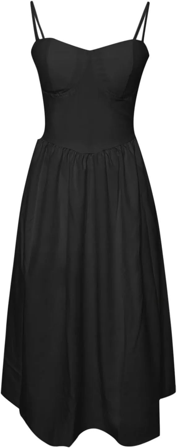 Womens Corset Dress Spaghetti Strap Bustier Midi Dress Sexy Party Dress Flowy Pleated Hem Low Cut Prom Dresses