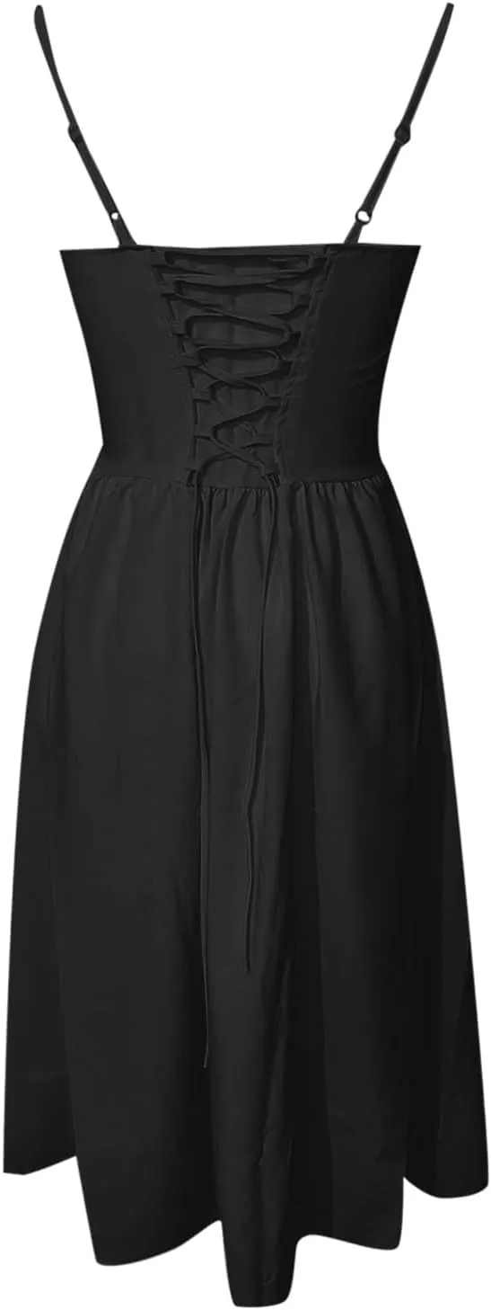 Womens Corset Dress Spaghetti Strap Bustier Midi Dress Sexy Party Dress Flowy Pleated Hem Low Cut Prom Dresses