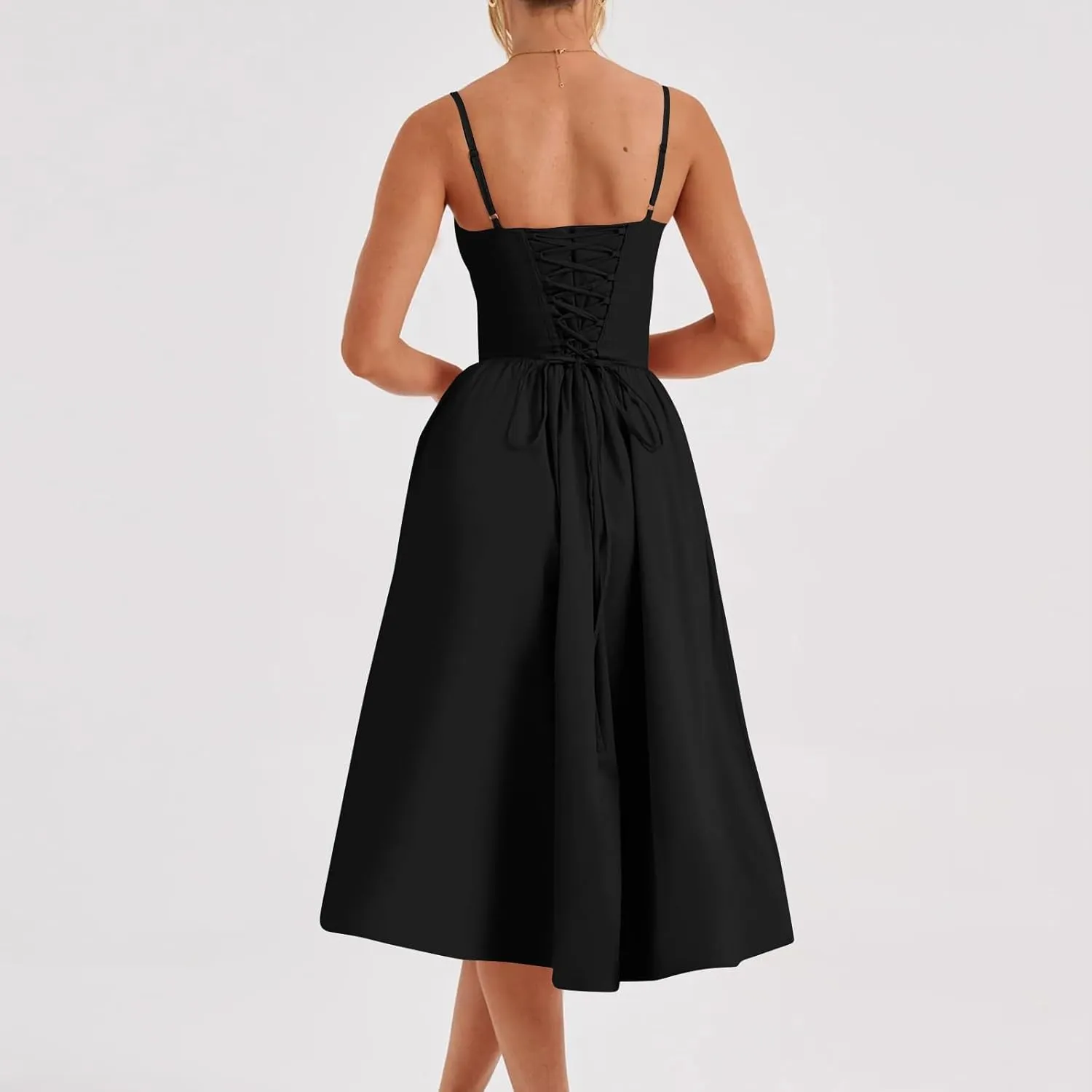Womens Corset Dress Spaghetti Strap Bustier Midi Dress Sexy Party Dress Flowy Pleated Hem Low Cut Prom Dresses