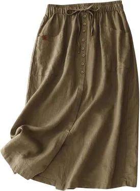 Womens Cotton Linen Skirts Summer Casual Loose Fit High Waisted Drawstring Pleated Swing Midi Skirt with Pockets