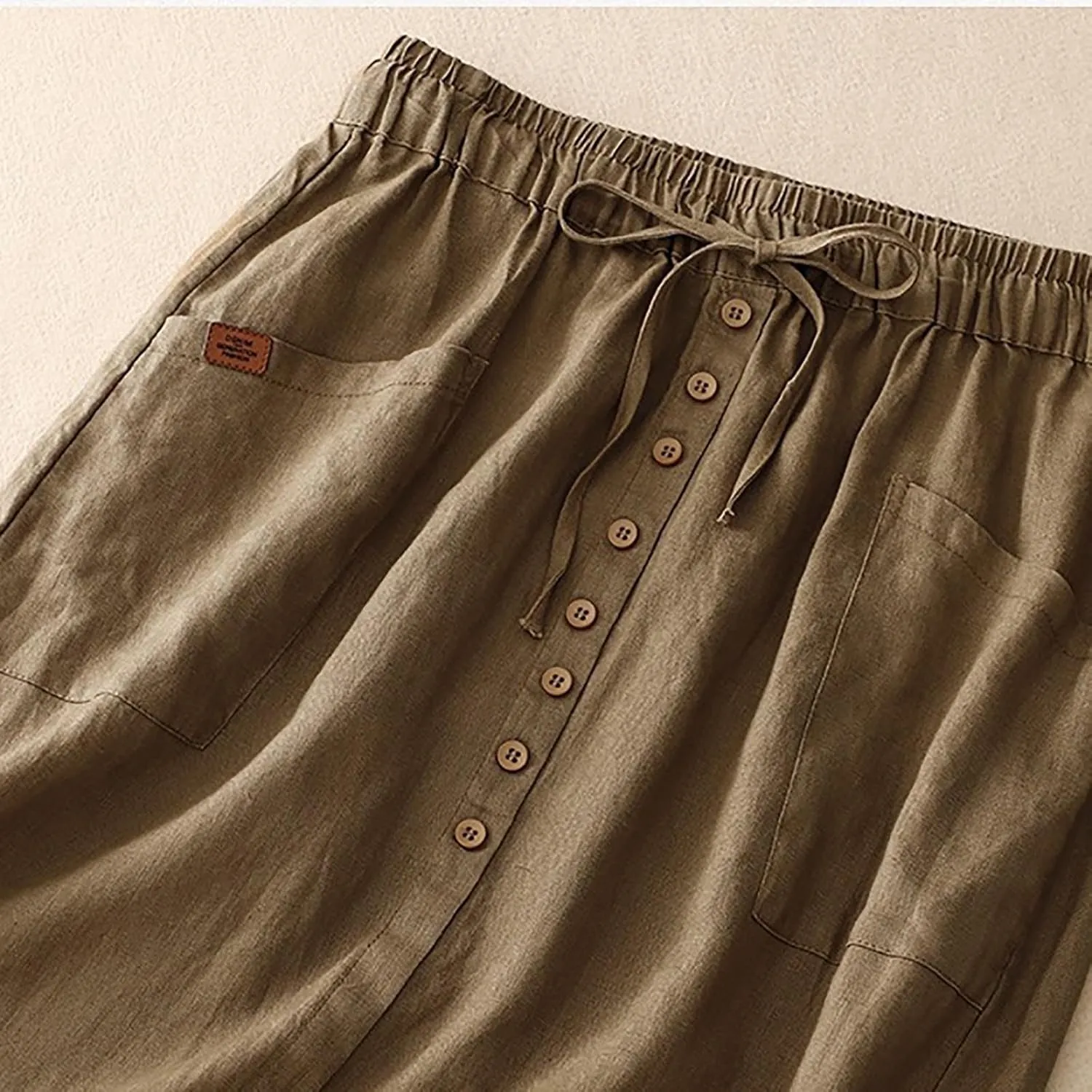 Womens Cotton Linen Skirts Summer Casual Loose Fit High Waisted Drawstring Pleated Swing Midi Skirt with Pockets