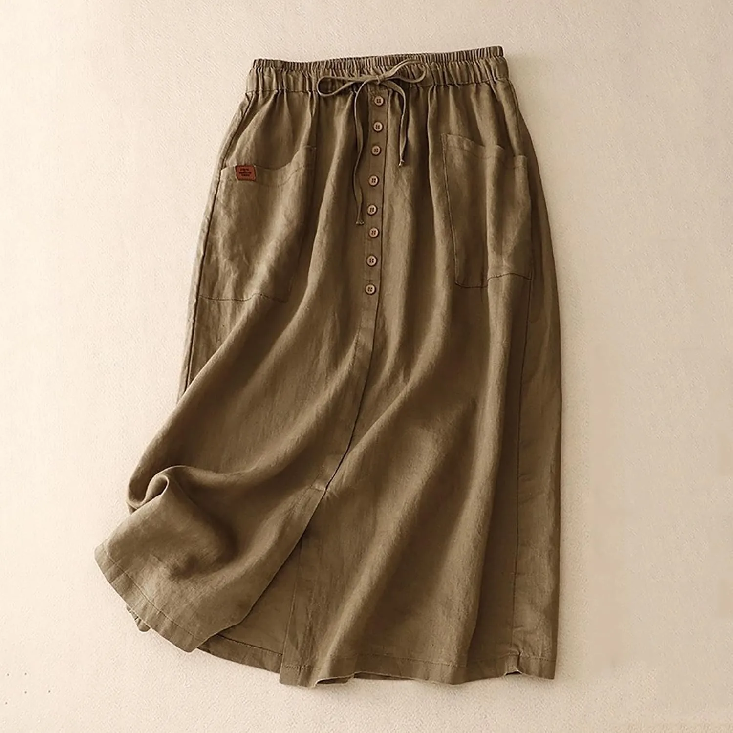 Womens Cotton Linen Skirts Summer Casual Loose Fit High Waisted Drawstring Pleated Swing Midi Skirt with Pockets
